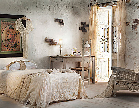 浪漫,卧室,花边,床单,帘