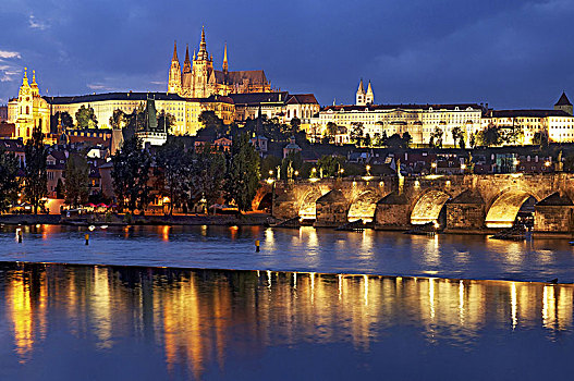 查理大桥,布拉格城堡,夜晚,布拉格,捷克共和国