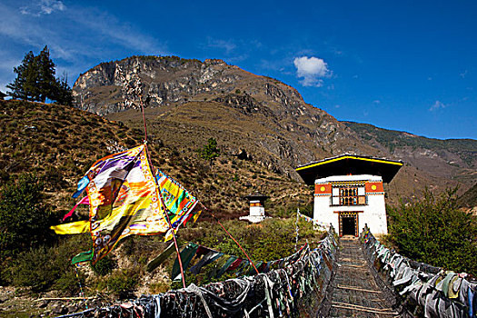 房子,桥,经幡,不丹