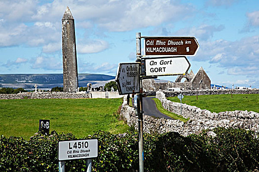 目的地,标志牌,圆塔,墓地,寺院,背景,戈尔韦郡,爱尔兰