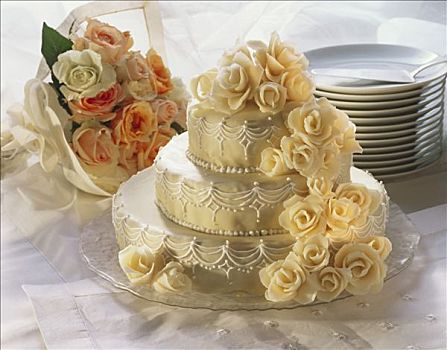 三个,层次,婚礼蛋糕,花,盘子,蛋糕盘
