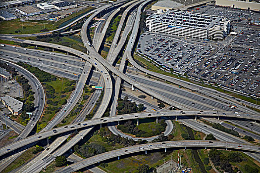 美国,加利福尼亚,旧金山,立体交叉路,高速公路,靠近,国际机场,俯视