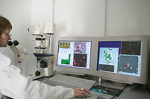 技术人员,用电脑,显微镜,实验室