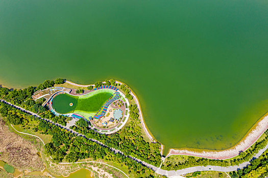 航拍河南郑州象湖生态湿地公园,郑州白沙园区