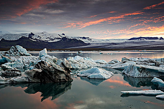 冰山,杰古沙龙湖,冰河,泻湖,晚霞,瓦特纳冰川,东方,冰岛,欧洲