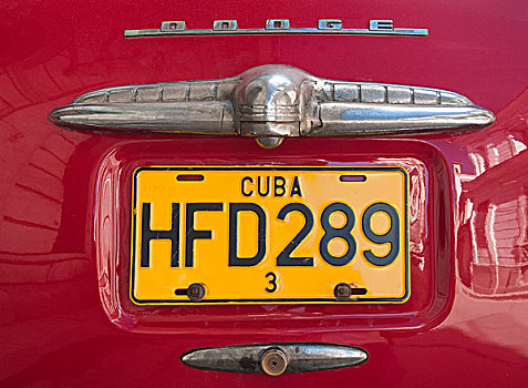后面,特写,红色,20世纪50年代,老,美洲,道奇,汽车,黄色,古巴,牌照