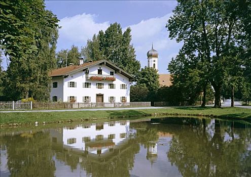 小教堂,高处,水塘,上巴伐利亚,巴伐利亚,德国,欧洲