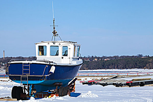 小,蓝色,船,雪,海岸,波罗的海,冬天