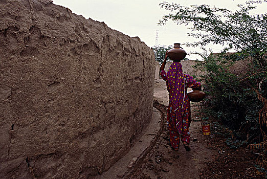 女人,水,传统,陶器,乡村,信德省,省,巴基斯坦,四月,2005年
