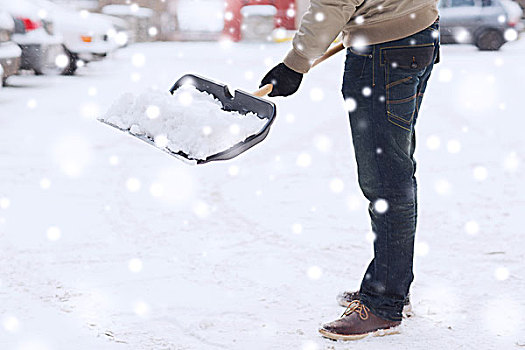 运输,冬天,人,交通工具,概念,特写,男人,挖,雪,铲,靠近,汽车