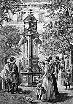 缪斯女神,钟表,柱子,柏林,德国,历史,插画,1893年