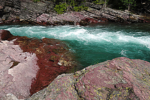 红岩,溪流,冰川国家公园,蒙大拿,美国