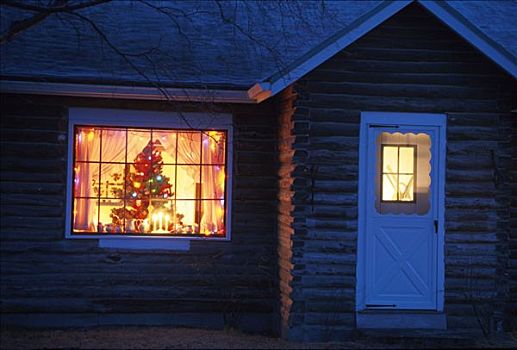 木屋,圣诞树,窗户,山谷,冬天,装饰,光亮