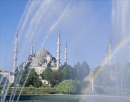 蓝色清真寺,喷泉,彩虹,伊斯坦布尔,土耳其