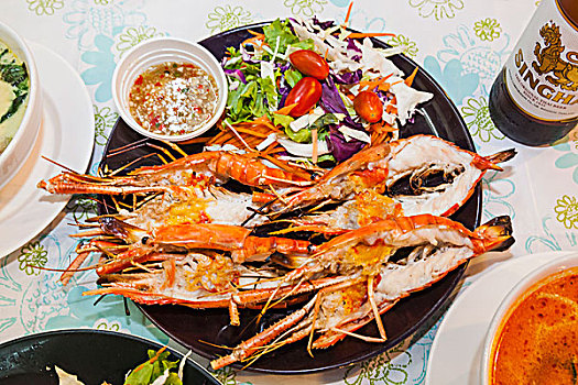 泰国,曼谷,道路,海鲜,餐馆,盘子,烤制食品,对虾