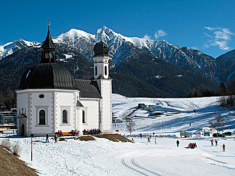 奥地利,北方,锡菲尔,小教堂,越野滑雪,车站,背景,雪冠,山
