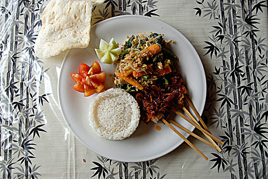 餐馆,印尼食品,烤串,米饭,虾片,巴厘岛,印度尼西亚,东南亚,亚洲