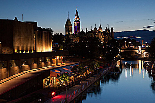 里多运河,国家,艺术,中心,左边,国会大厦,黎明,渥太华,安大略省,加拿大