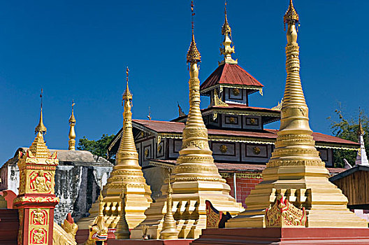 金色,佛塔,庙宇,掸邦,寺院,茵莱湖,缅甸,亚洲