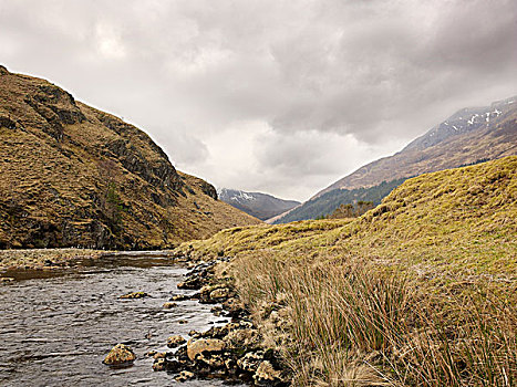 河,山,不孕,荒芜,苏格兰人,苏格兰,乡村,阴天,多云,天空