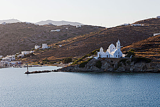 港口,白色,教堂,悬崖,水边,希腊