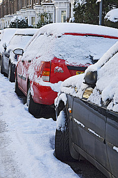 英格兰,北约克郡,排,积雪,汽车,停放,街道