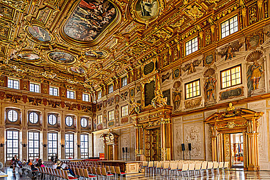 金色,大厅,天花板,门口,礼堂,迟,文艺复兴,设计,市政厅,奥格斯堡,斯瓦比亚,巴伐利亚,德国,欧洲