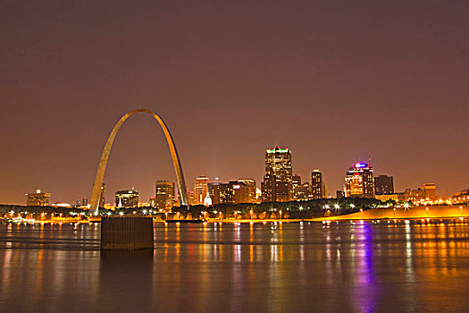 圣路易斯拱门,圣路易斯,天际线,反射,密西西比河,黄昏,密苏里,美国