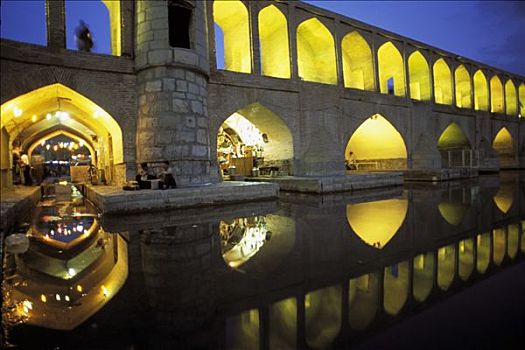 伊朗,桥,拱,夜晚,反射