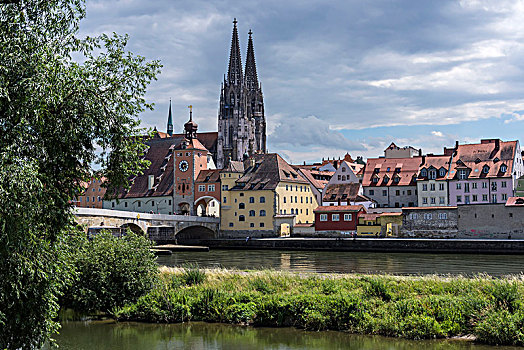 城市,大教堂,多瑙河,正面,雷根斯堡,普拉蒂纳特,巴伐利亚,德国,欧洲