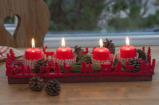 木质,托垫,降临节花环,红色,蜡烛,冬青属