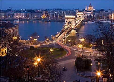 布达佩斯,夜晚,链索桥