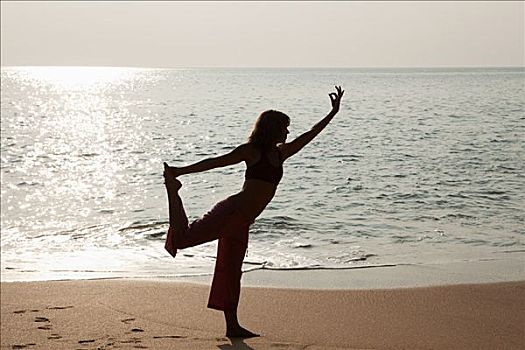 女人,练习,瑜珈,海洋,日落