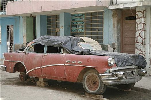 残骸,老爷车,停放,街道,哈瓦那,古巴,加勒比海,美洲