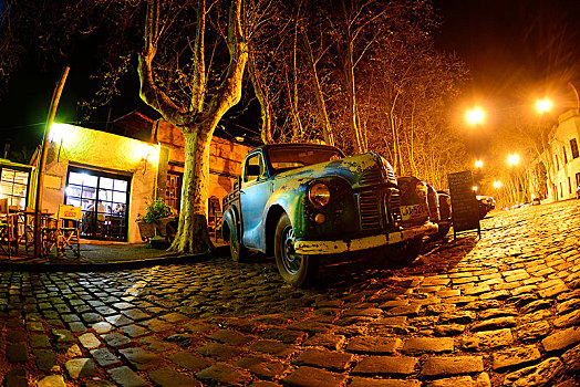老古董,汽车,鹅卵石,街道,夜晚,萨克拉门托,乌拉圭,南美