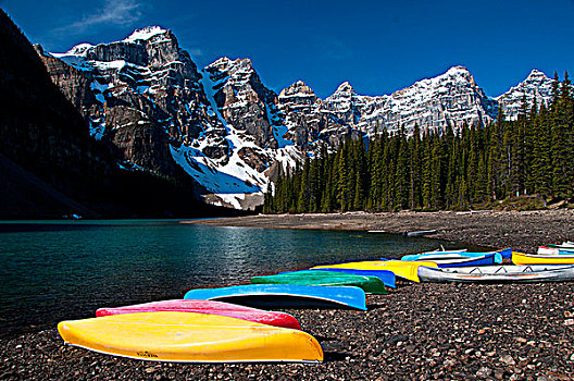 独木舟,湖岸,冰碛湖,班芙国家公园,艾伯塔省,加拿大