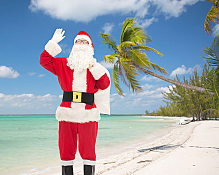 圣诞节,休假,手势,人,概念,男人,服饰,圣诞老人,包,摆动,表针,上方,热带沙滩,背景