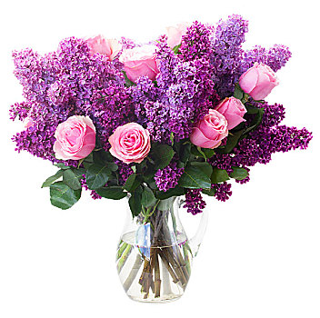 束,紫色,丁香,花,粉色,玫瑰,花瓶,隔绝,白色背景