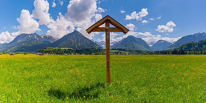 地点,十字架,耶稣,正面,山景,草地,靠近,奥伯斯多夫,后面,阿尔卑斯山,巴伐利亚,德国,欧洲