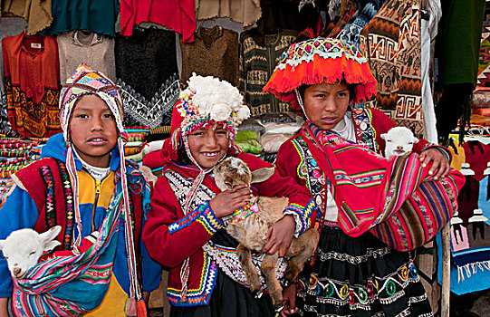 彩色,孩子,传统服装,帽子,小镇,秘鲁