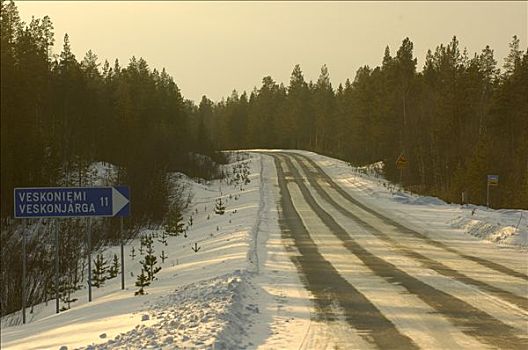 芬兰,拉普兰,伊瓦洛,道路,雪,路标