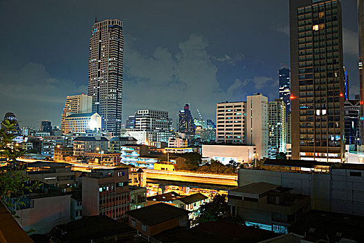 城市,摩天大楼,天际线,夜晚,曼谷,泰国