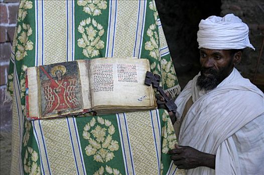 埃塞俄比亚人,东正教,牧师,拿着,老,圣经,彩色,拉里贝拉,埃塞俄比亚,非洲