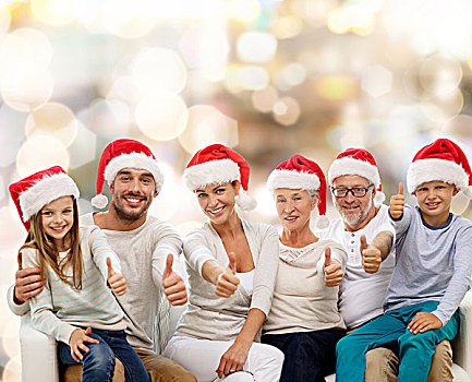 家庭,手势,休假,人,概念,幸福之家,圣诞老人,帽子,展示,竖大拇指,上方,背景