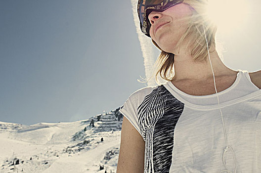 女人,t恤,赞赏,雪,山