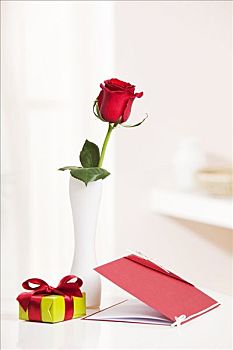红玫瑰,花瓶,礼物,卡