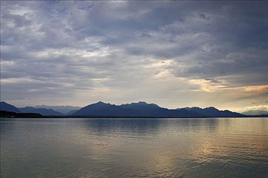 黃昏,湖,基姆湖,巴伐利亚,德国