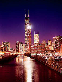 芝加哥,伊利诺斯,天际线,夜晚,芝加哥河,希尔斯大厦