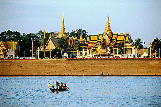 柬埔寨,金边,树液,河,鞑靼,渔民,穿过,皇宫,银,塔