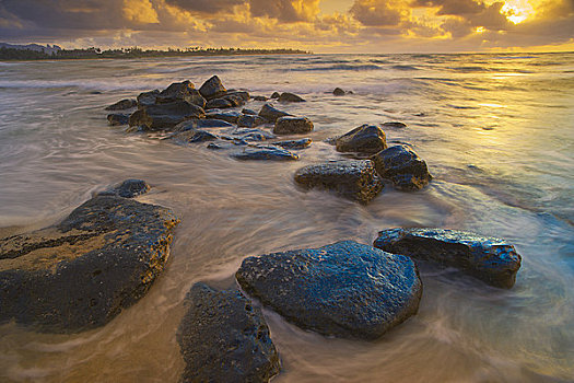 石头,海滩,日出,考艾岛,夏威夷,美国